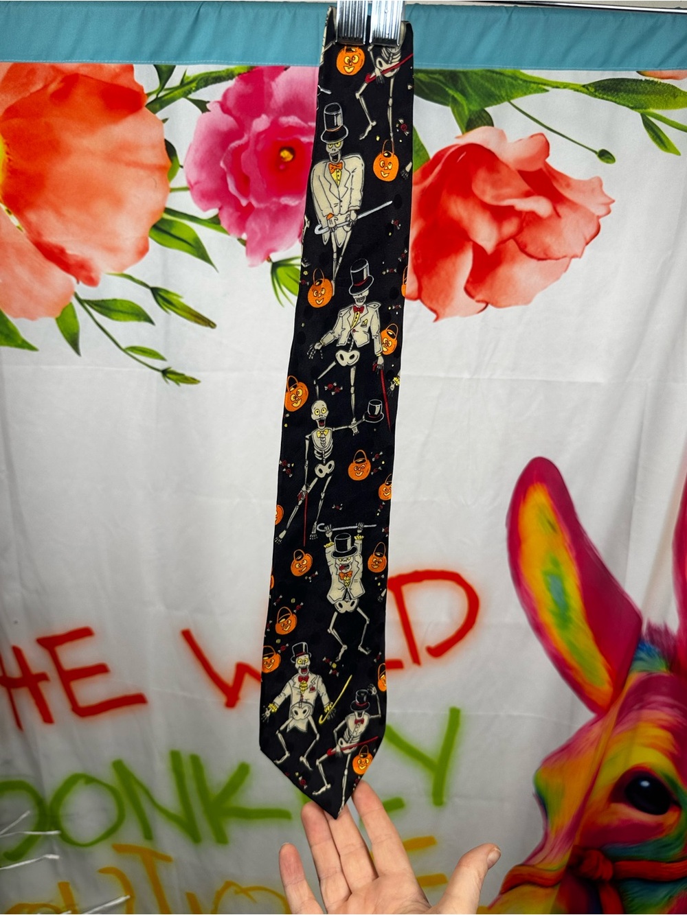 T395. Tie in Disguise- Glow in the dark Black Halloween Skeleton Print Tie